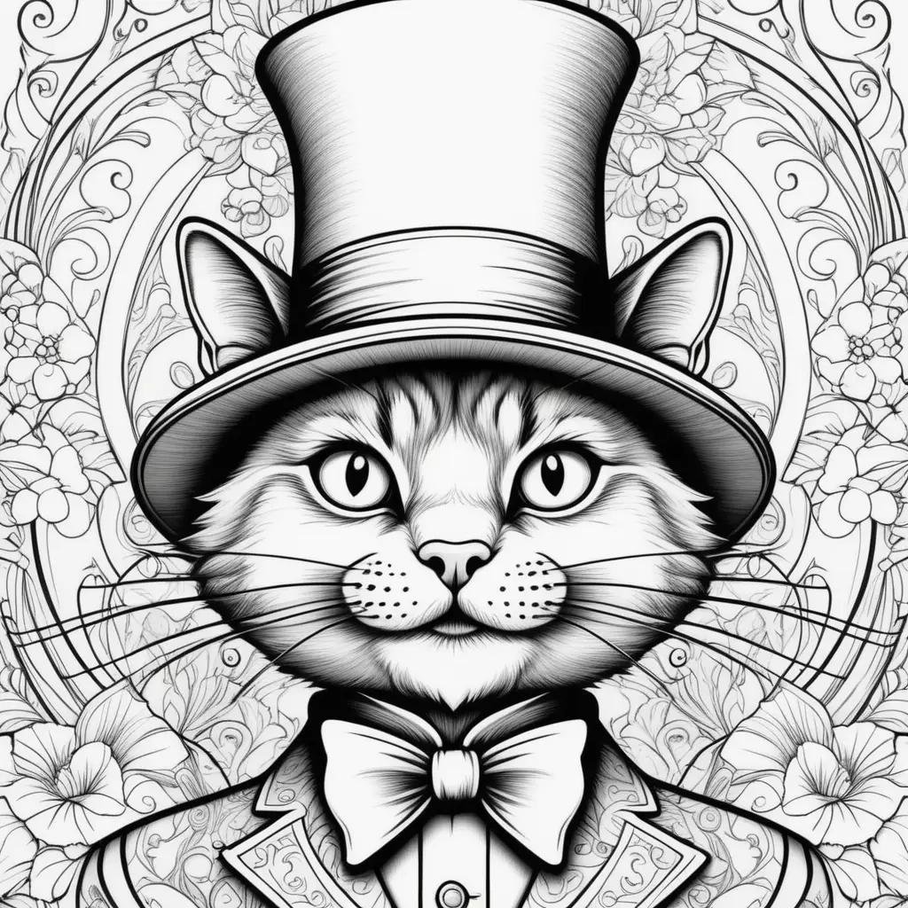 Cat with hat coloring pages in black and white