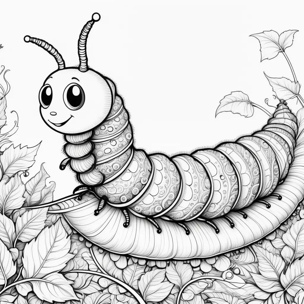 Caterpillar Coloring Page: A black and white illustration of a caterpillar with a smiling face