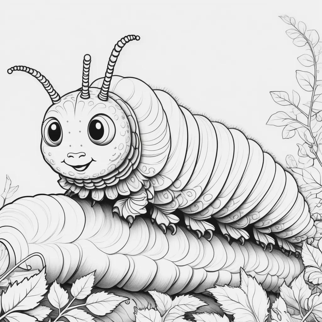 Caterpillar Coloring Page with black and white illustrations