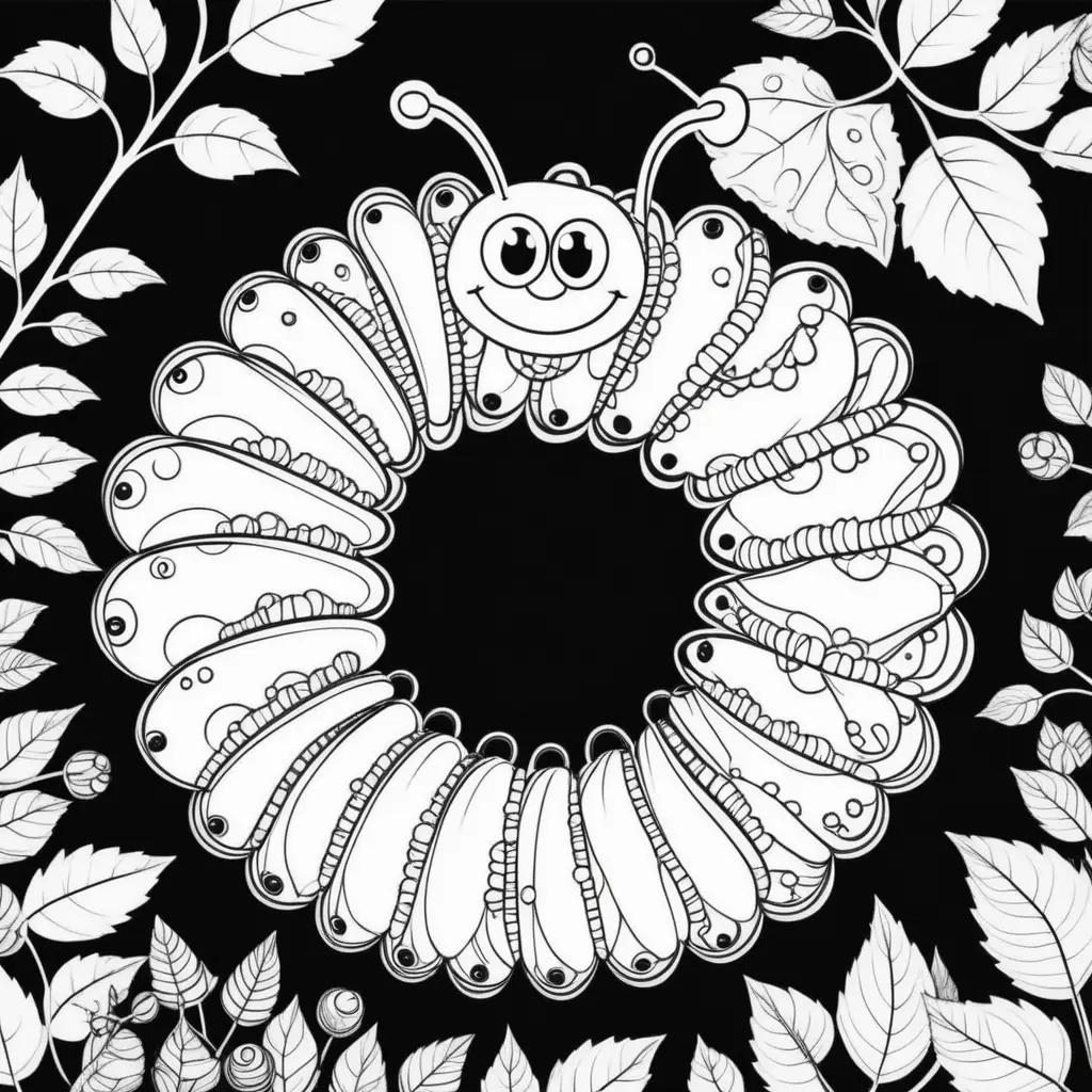 Caterpillar coloring page with leaves and a black background