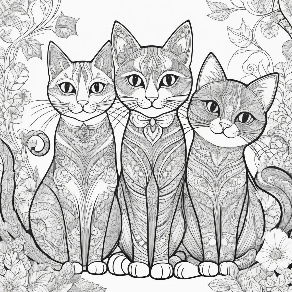 Cats Coloring Page with Ornamental Flowers and Decorative Lines