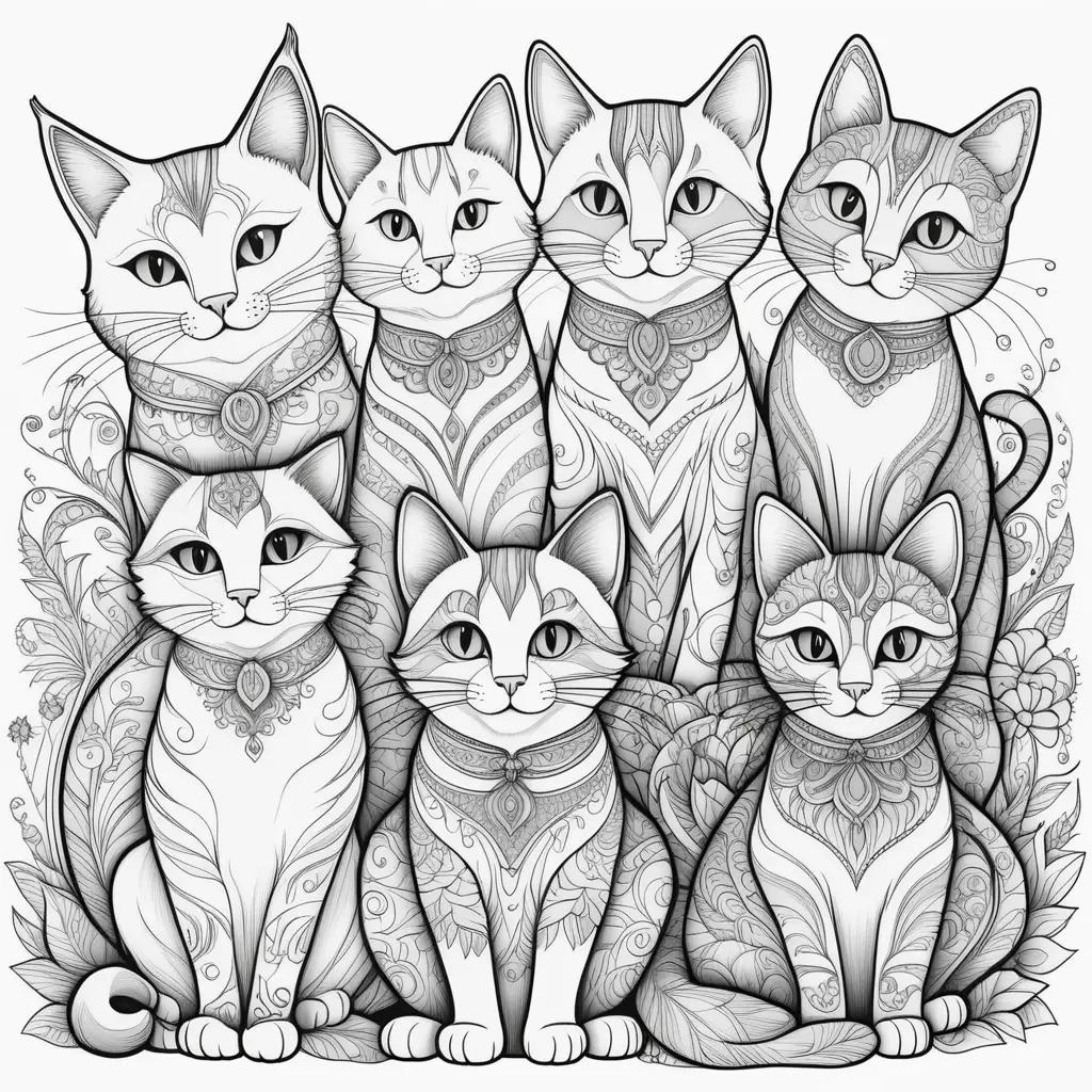 Cats coloring page with intricate designs and black and white coloring