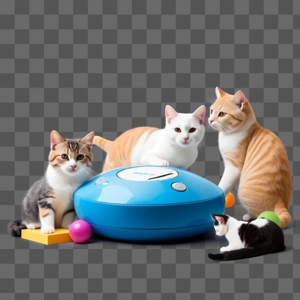 Cats play with a toy on a gray floor