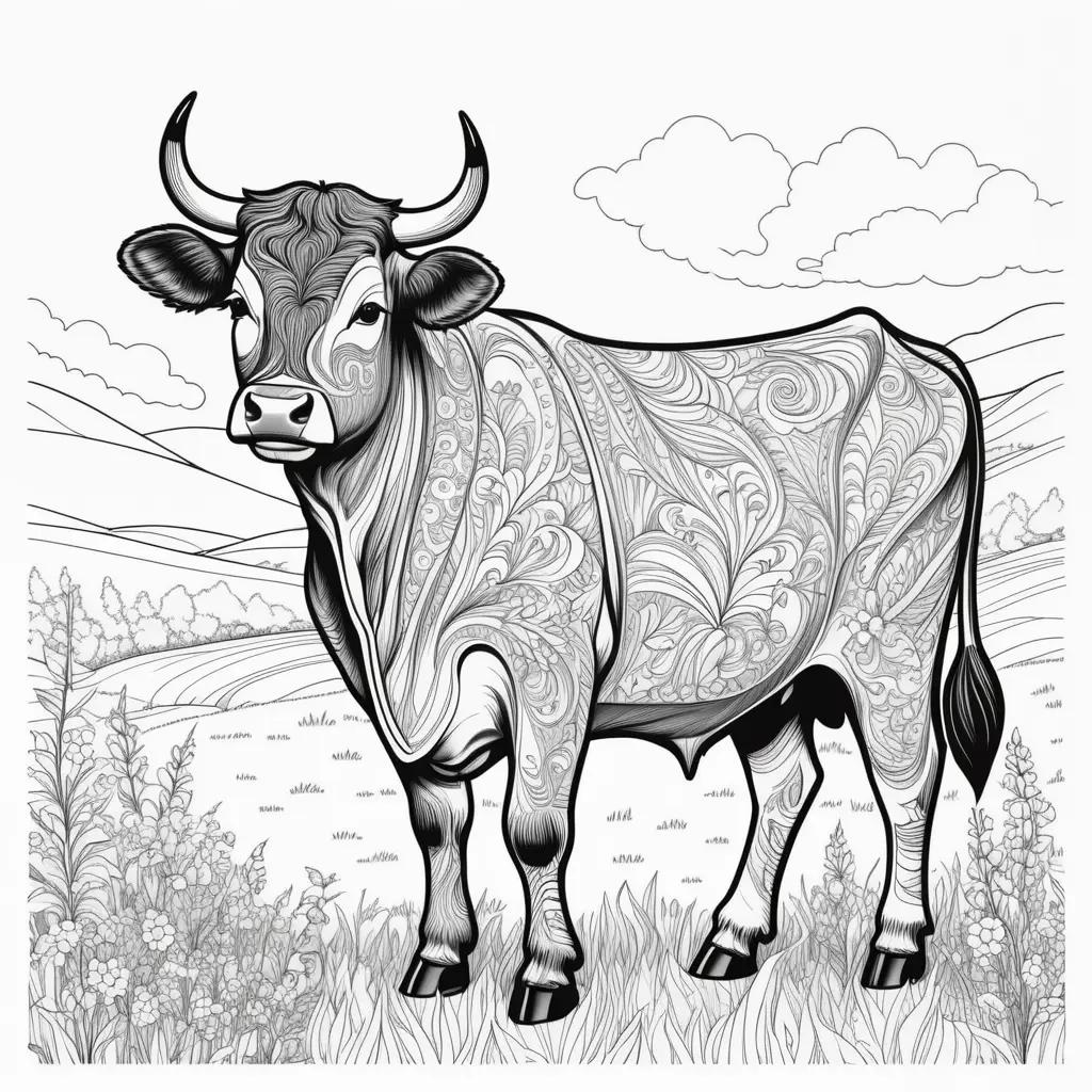 Cattle Coloring Pages features a black and white illustration of a cow in a field