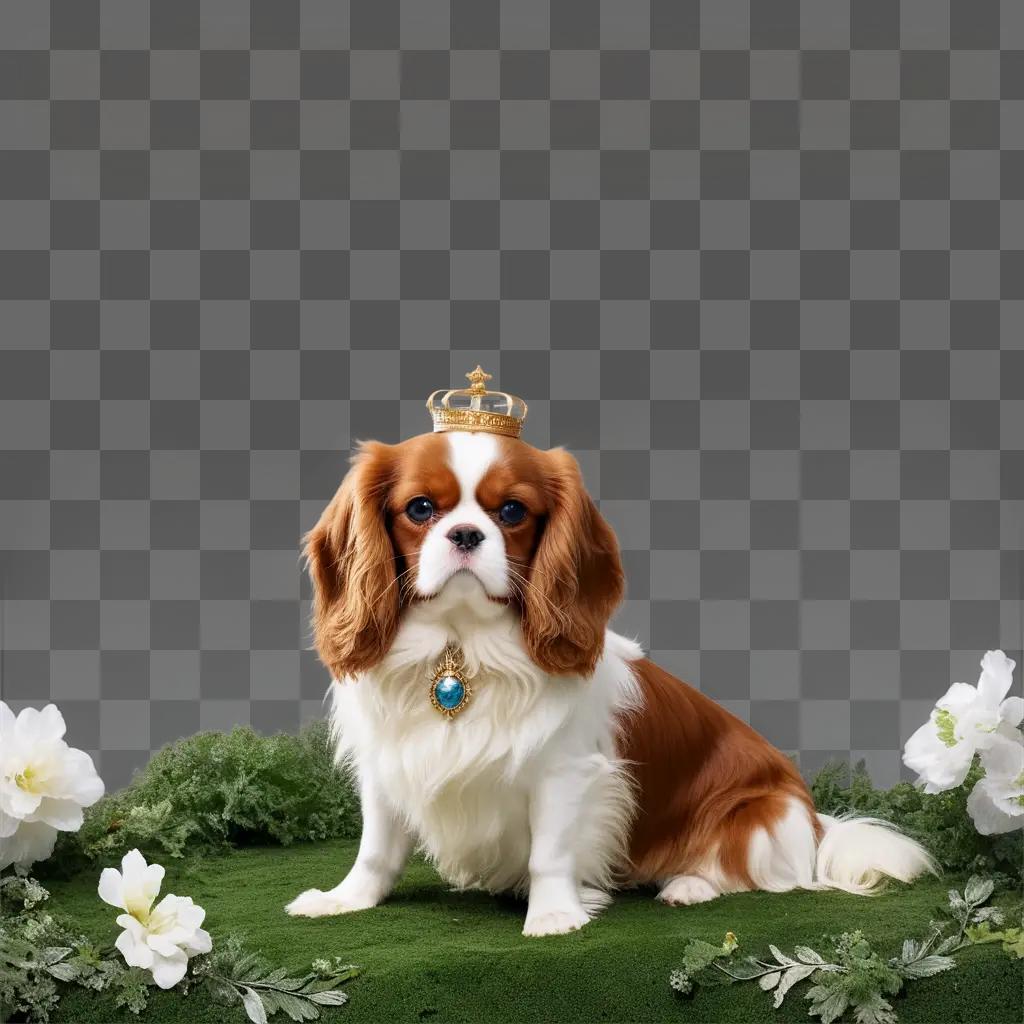 Cavalier King Charles dog sits on a bed of flowers