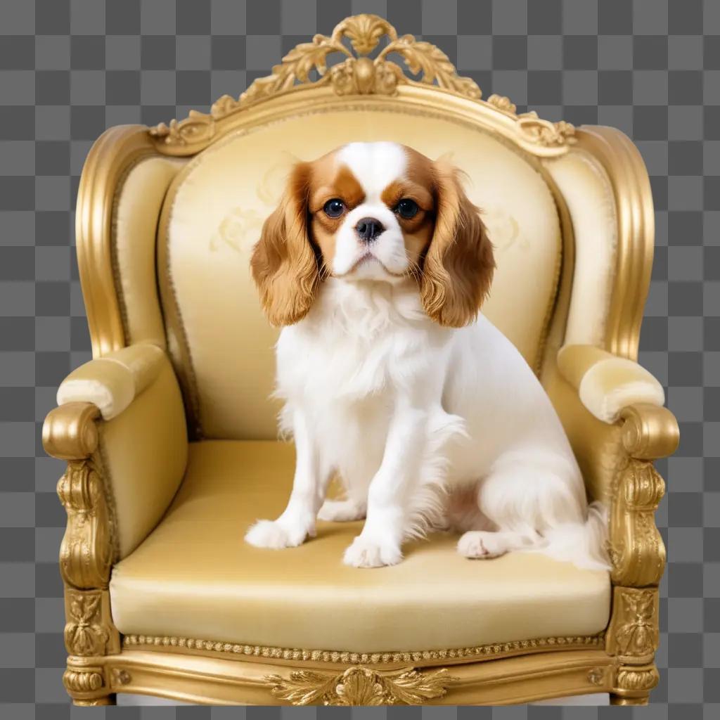 Cavalier King Charles sits in a gold armchair