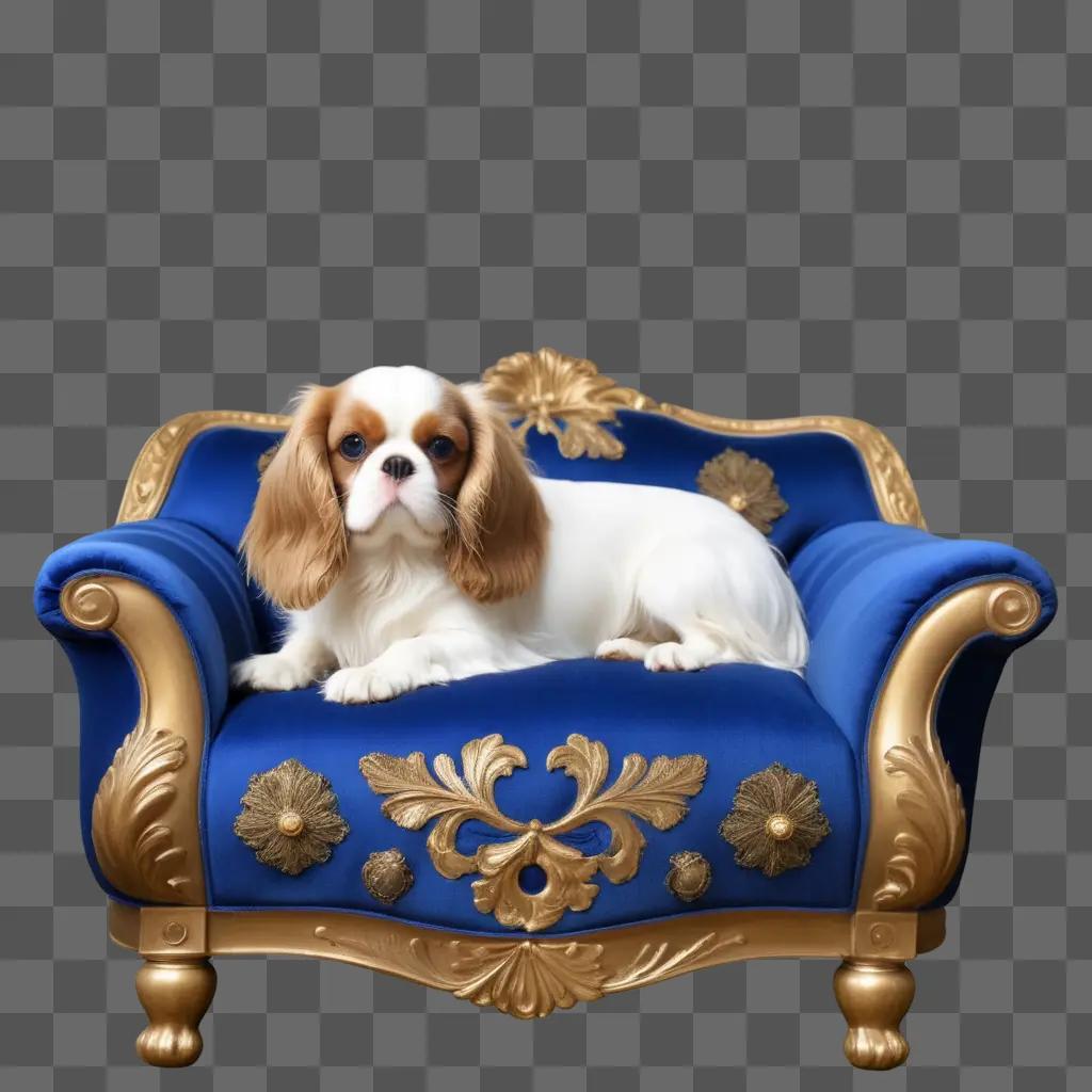 Cavalier King Charles sits on a royal blue armchair