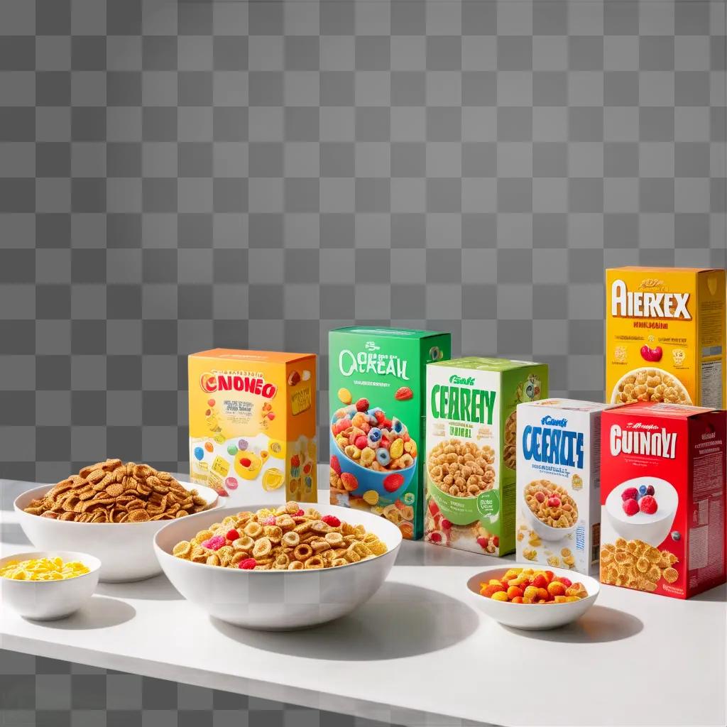 Cereal boxes on a table with a variety of cereals