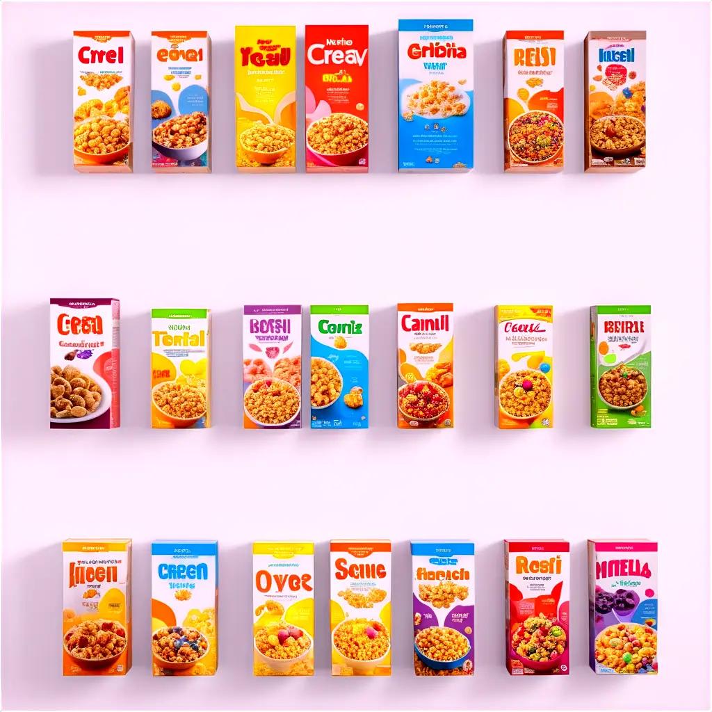 Cereal boxes on a white wall in a row