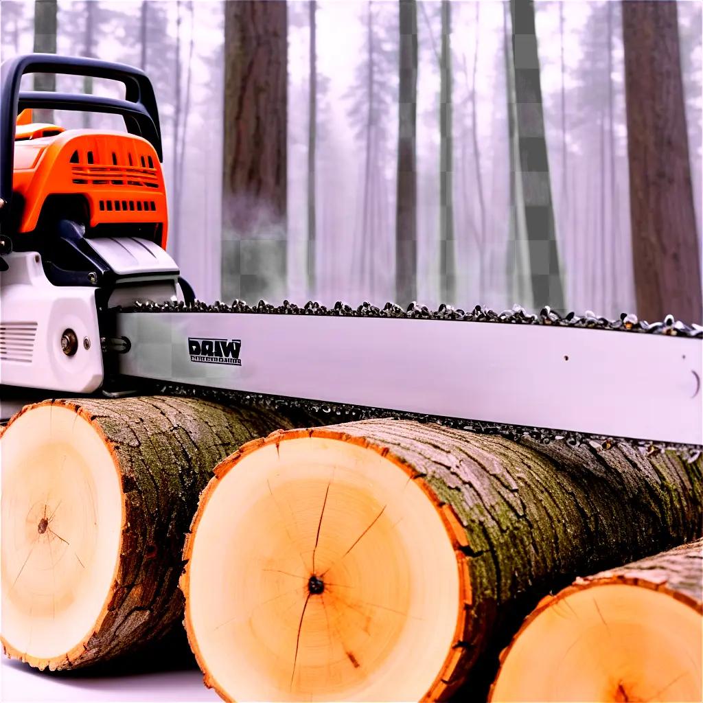 Chain saw cutting logs in forest with white background