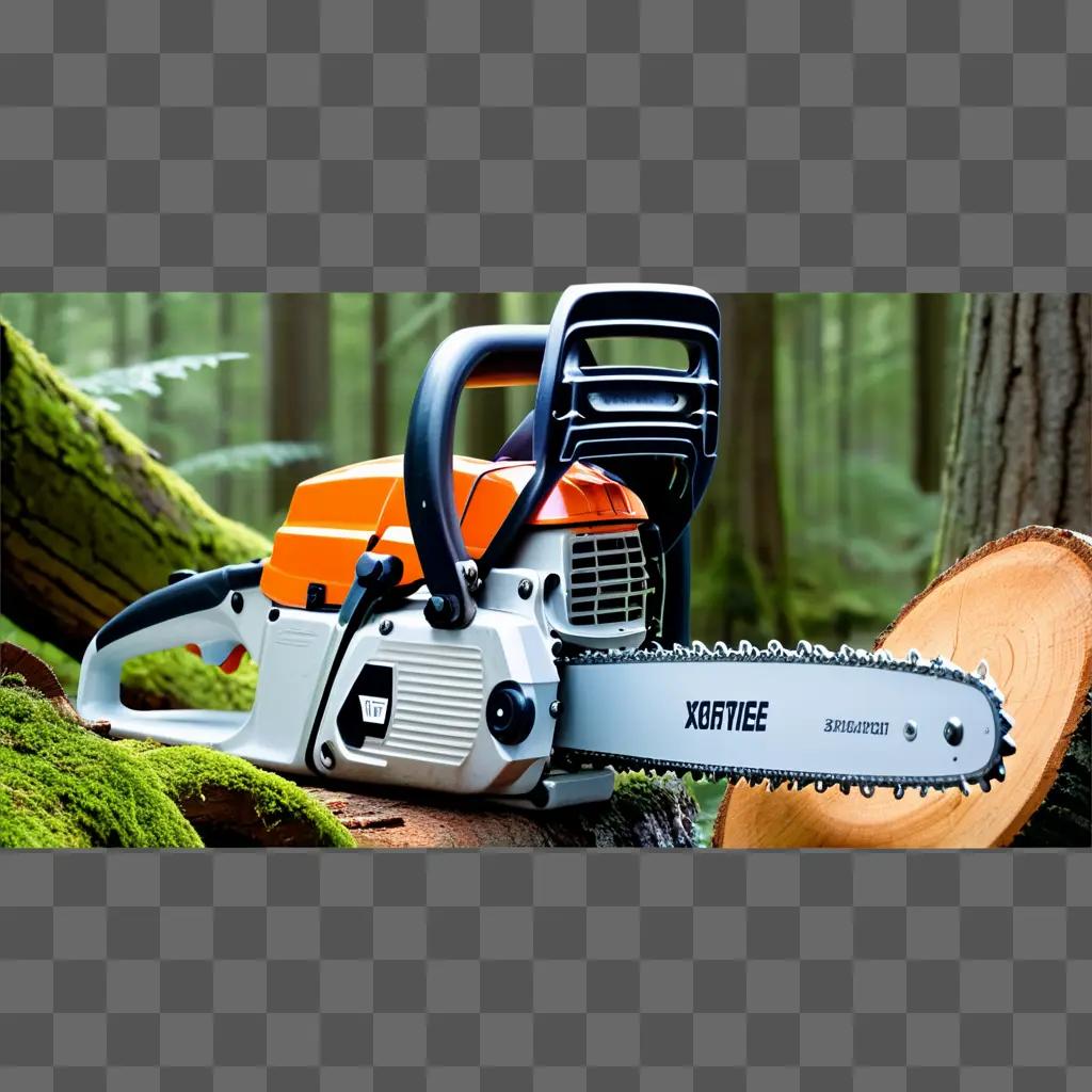 Chain saw in forest with logs and moss