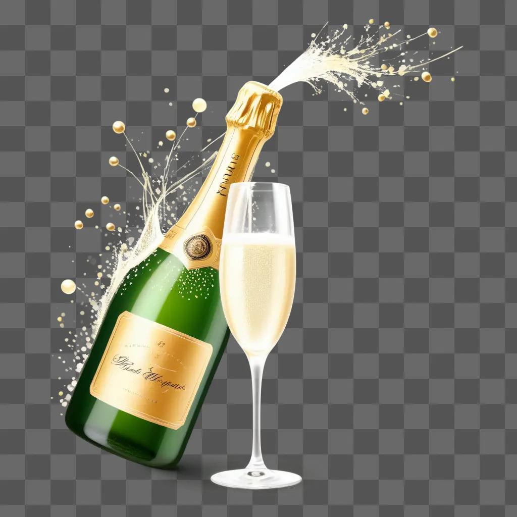 Champagne bottle and glass on green background