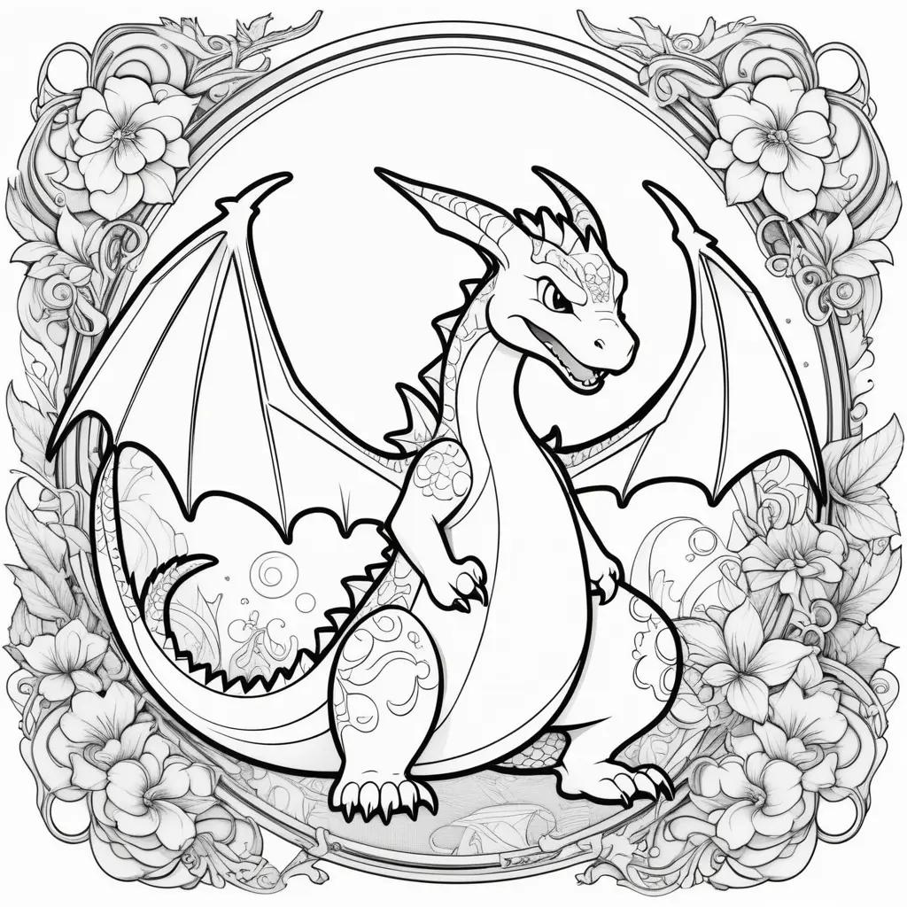 Charizard Coloring Page with Flowers and Leaves