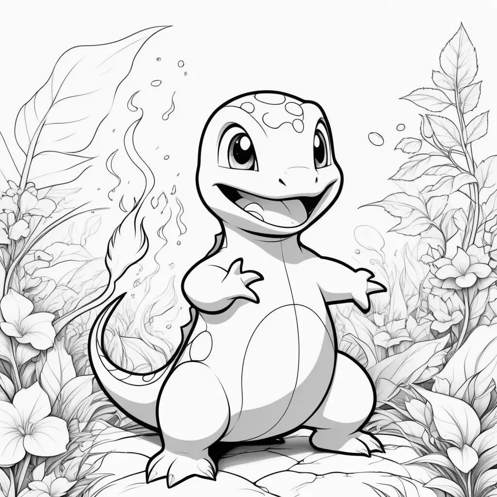 Charmander Coloring Pages: Cartoon Pokemon Character in Black and White