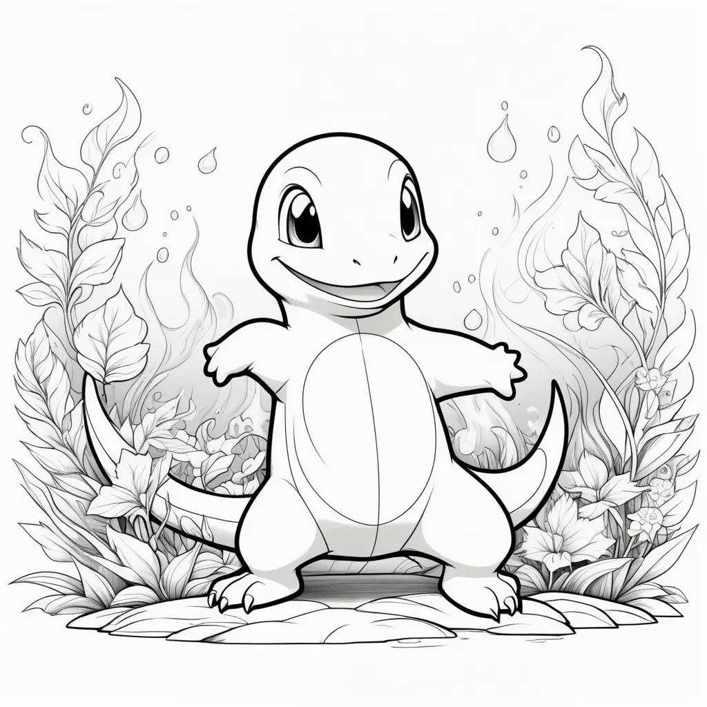 Charmander coloring page with flowers and bubbles