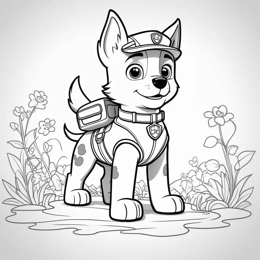 Chase from Paw Patrol coloring page with flowers