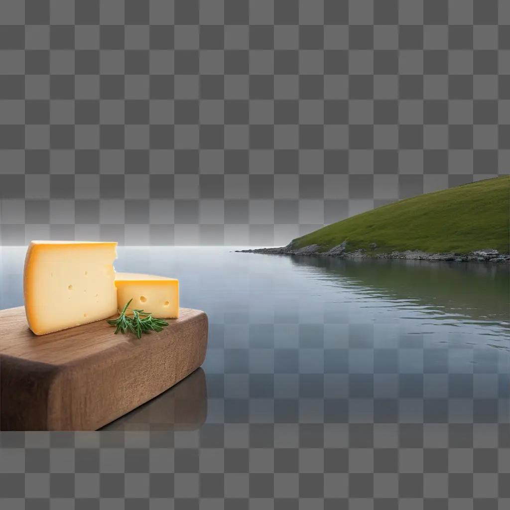 Cheese on wooden board with green herbs near water