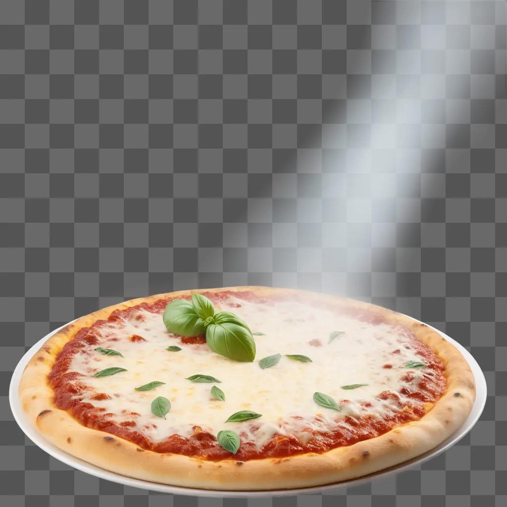 Cheese pizza with basil and light shining on it