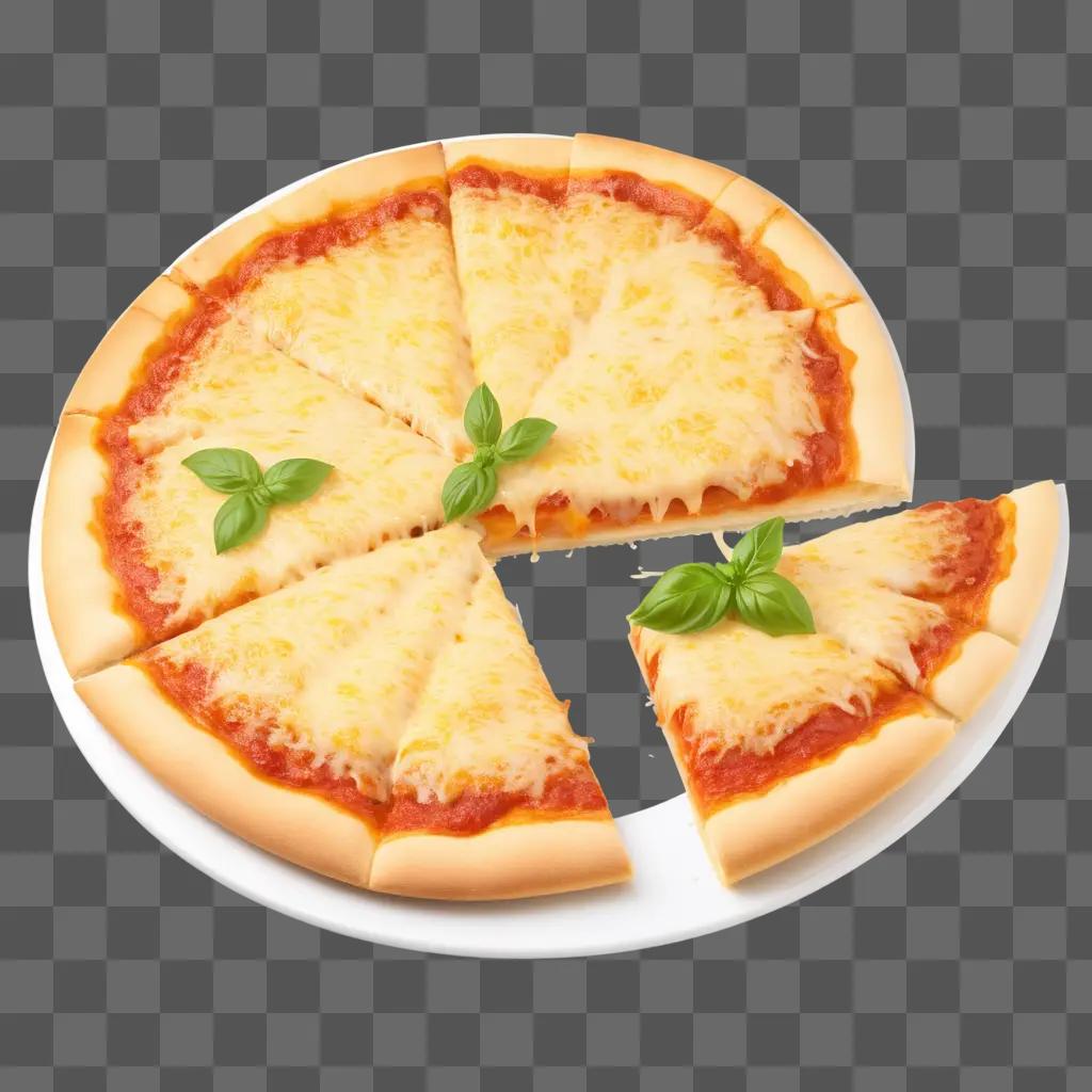 Cheese pizza with basil and slices on a plate