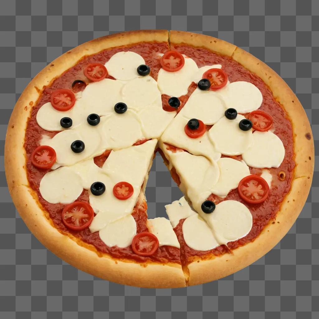 Cheese pizza with black olives and tomatoes on a brown background