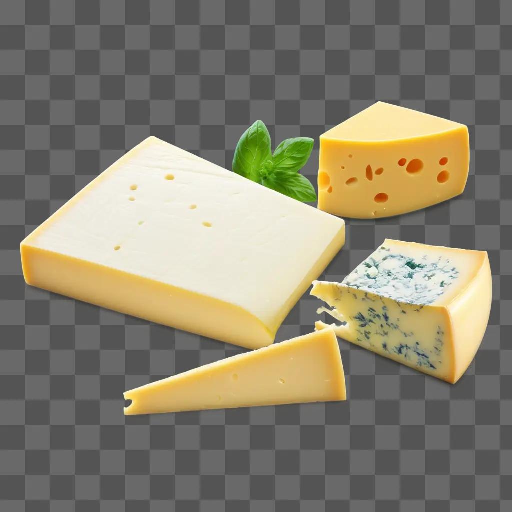 Cheese slice, green leaves, and other cheeses