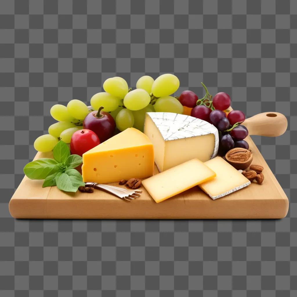 Cheese slice on cutting board with grapes and nuts