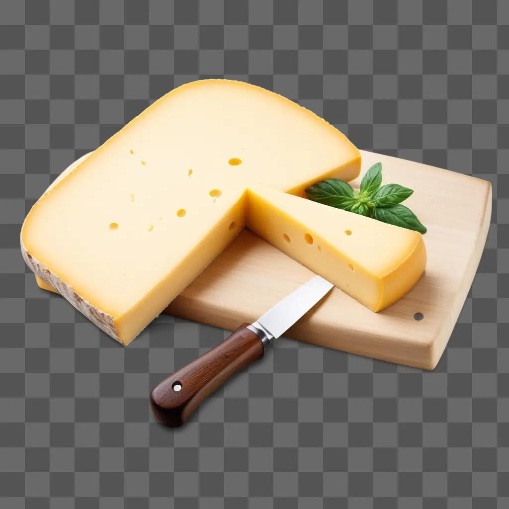 Cheese slice on wooden chopping board with herb