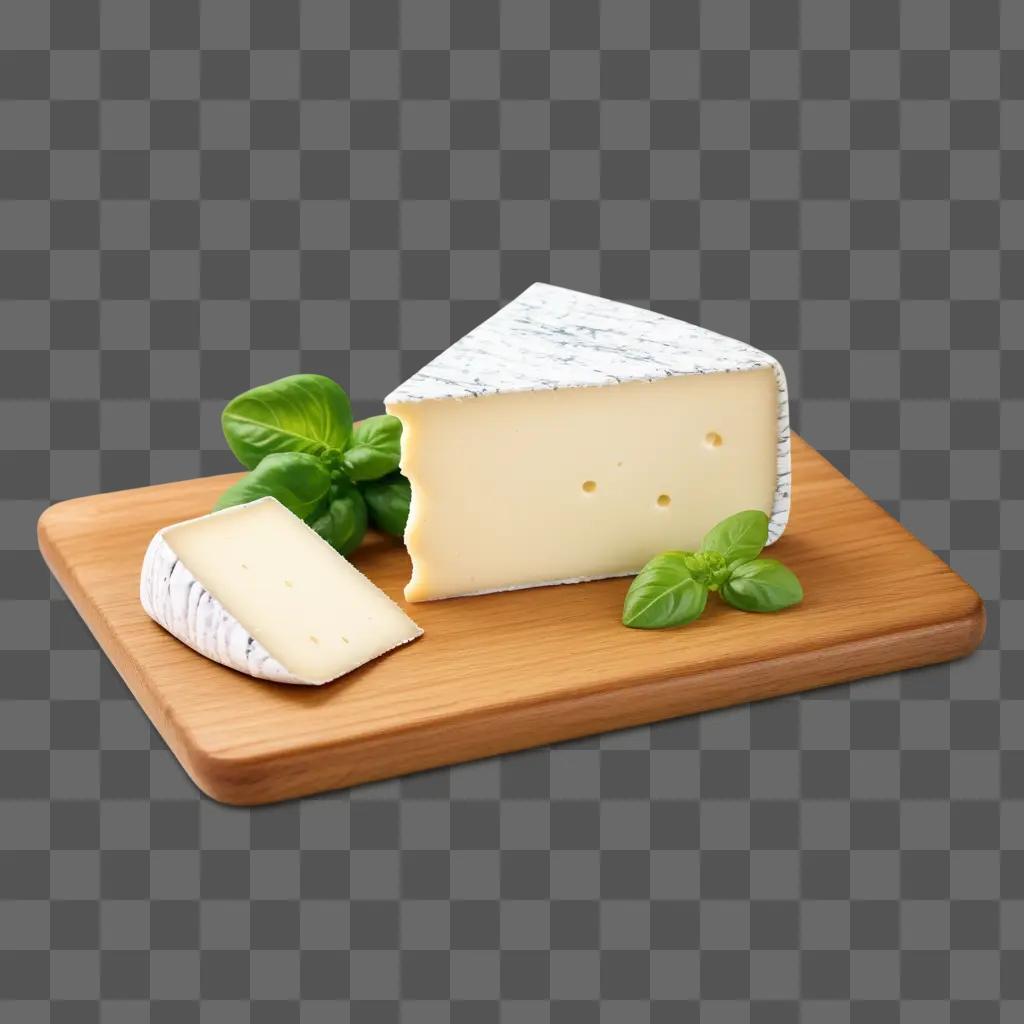 Cheese slice sitting on a wooden board with herbs