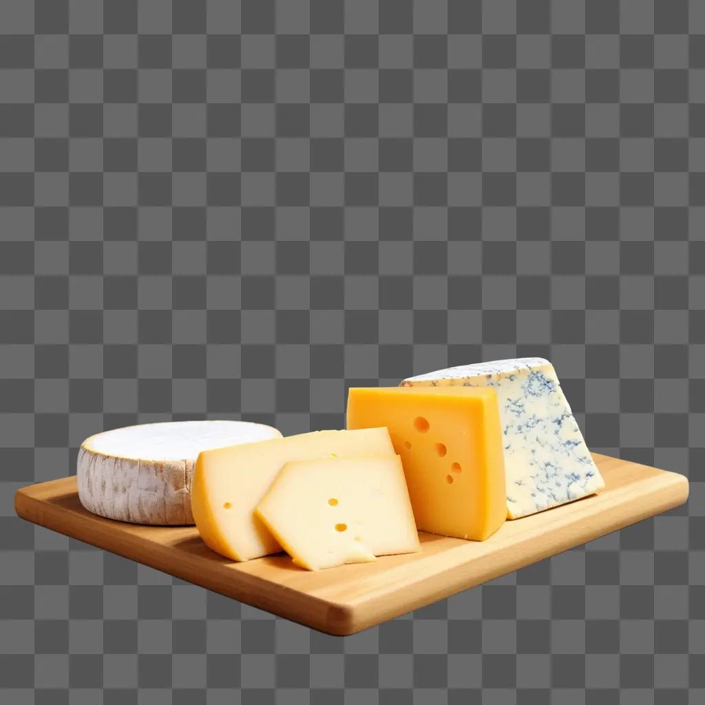 Cheese slices and other cheese on wooden cutting board