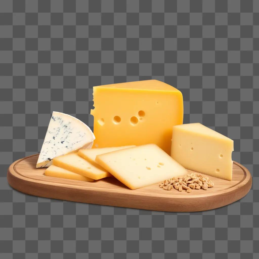 Cheese slices with holes and nuts on a wooden tray