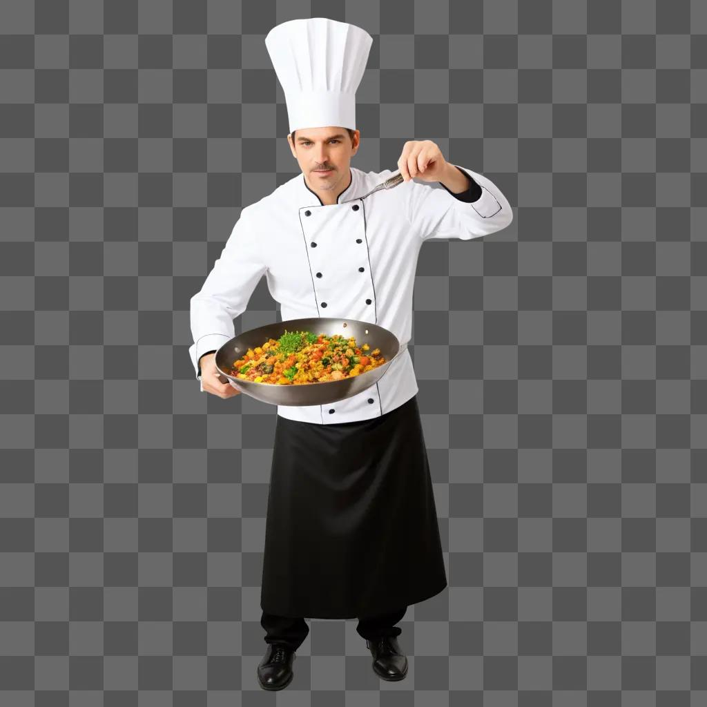 Chef holding pan with food and fork