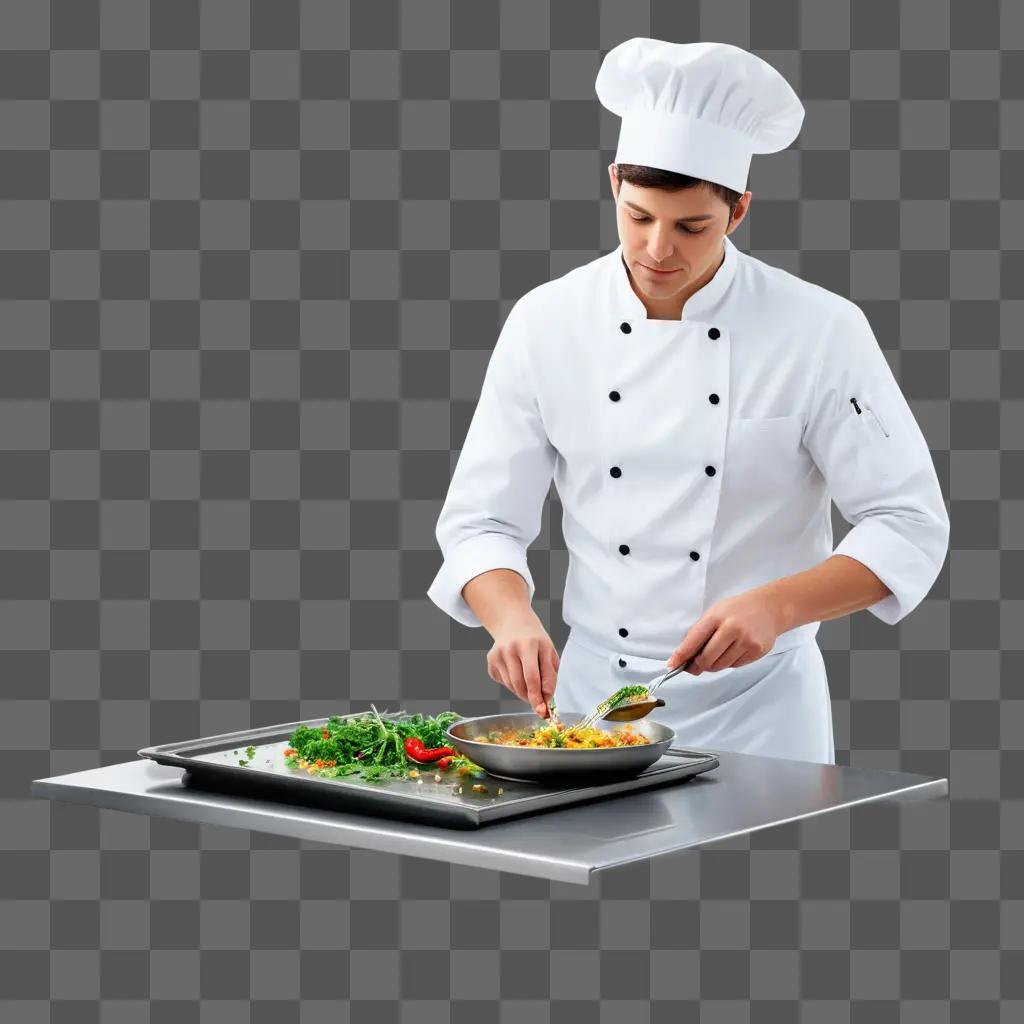 Chef prepares a meal on a silver pan