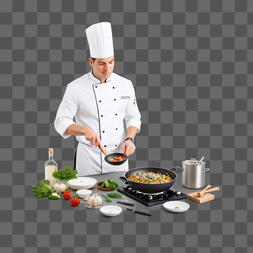 Chef preparing a dish with vegetables on a gray background