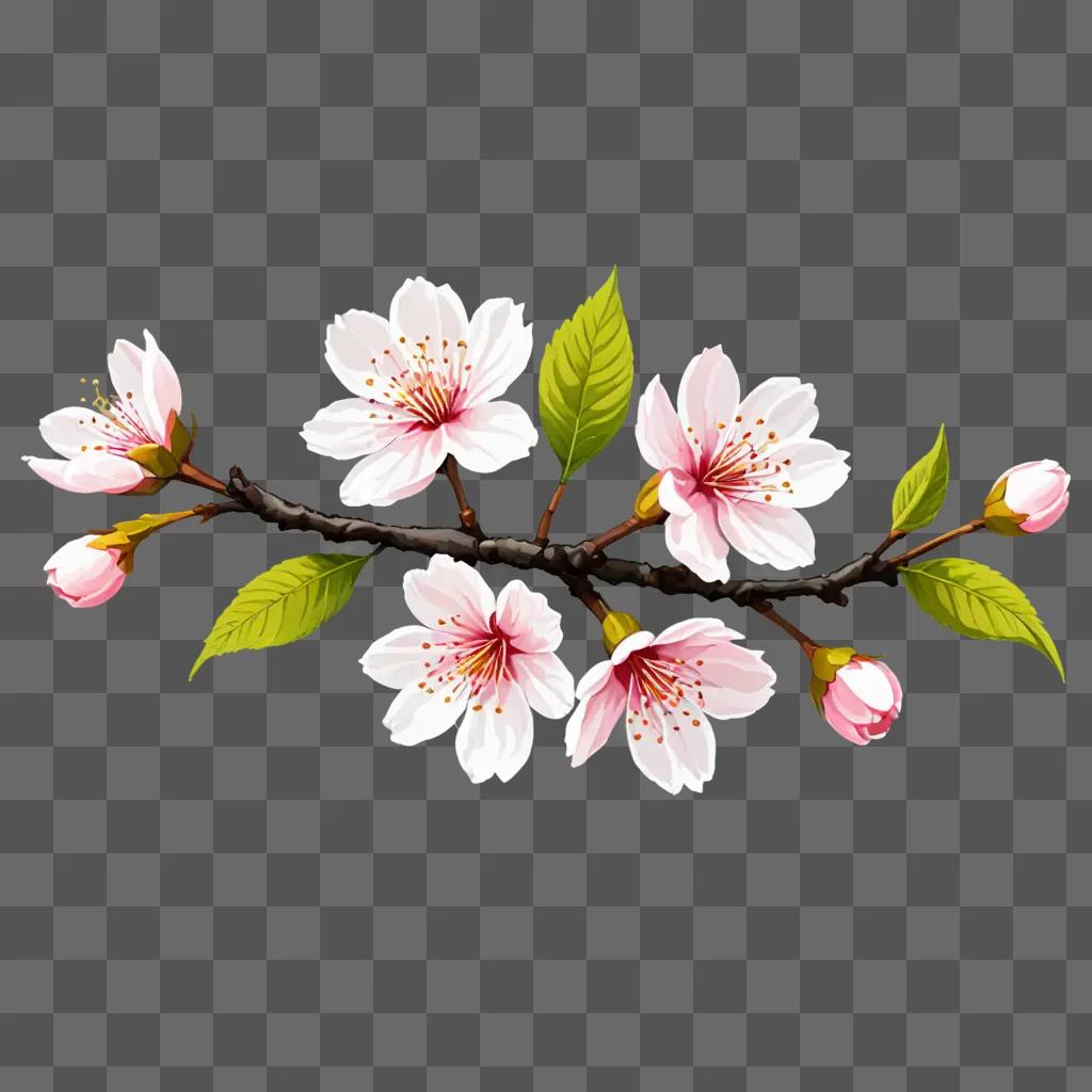 Cherry blossom flower drawing with leaves and stems