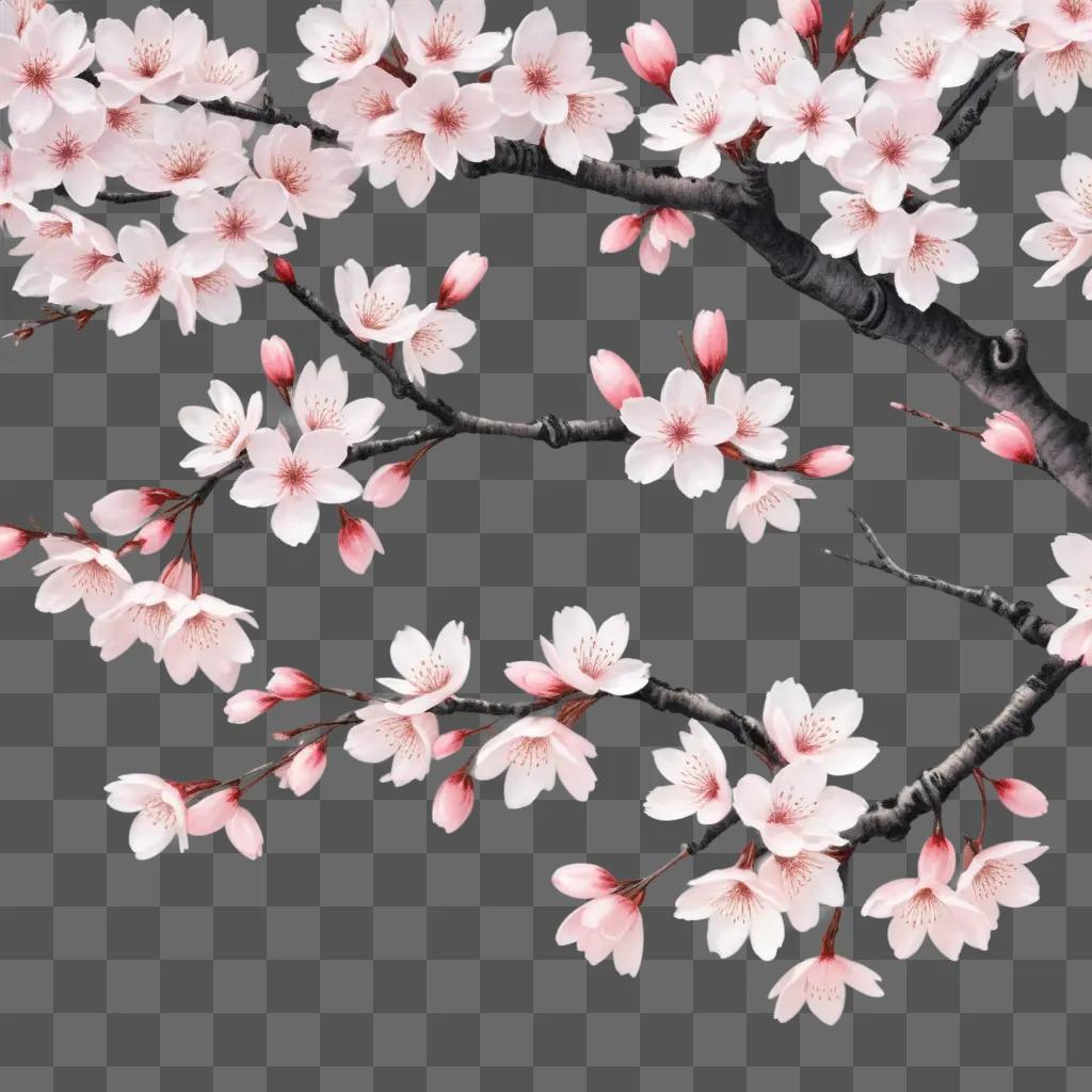 Cherry blossom flowers are painted on a pink background