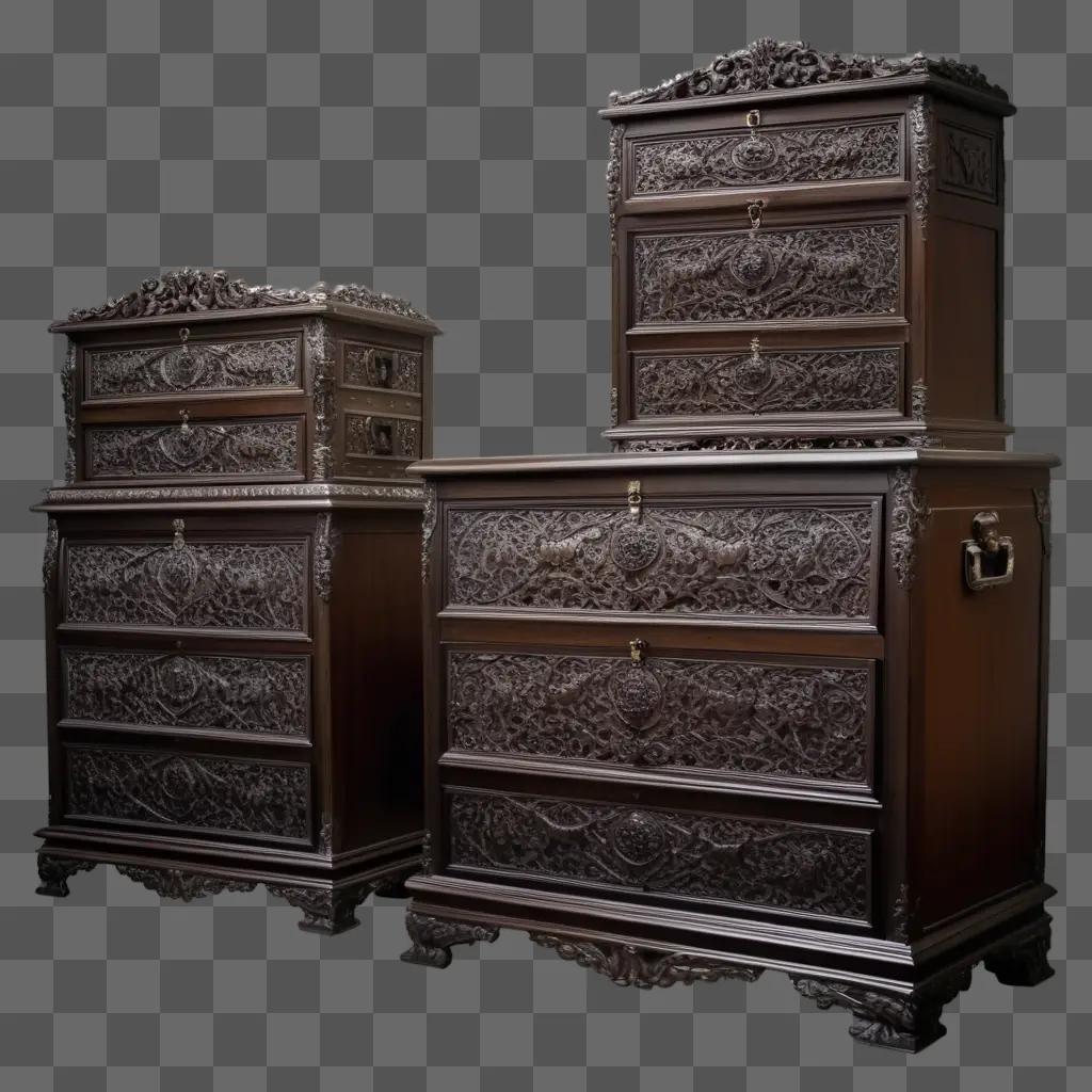 Chests with intricate carvings and metal hardware