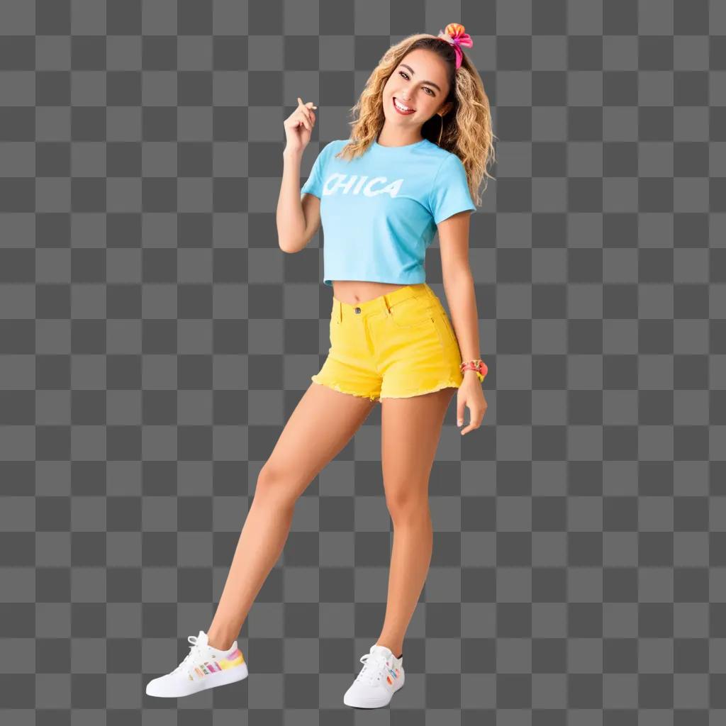 Chica posing in a yellow outfit on a tan background