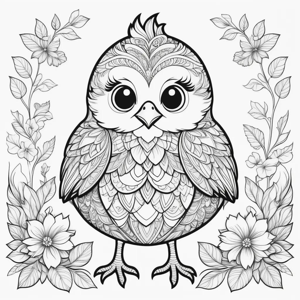 Chick coloring pages with flowers and leaves