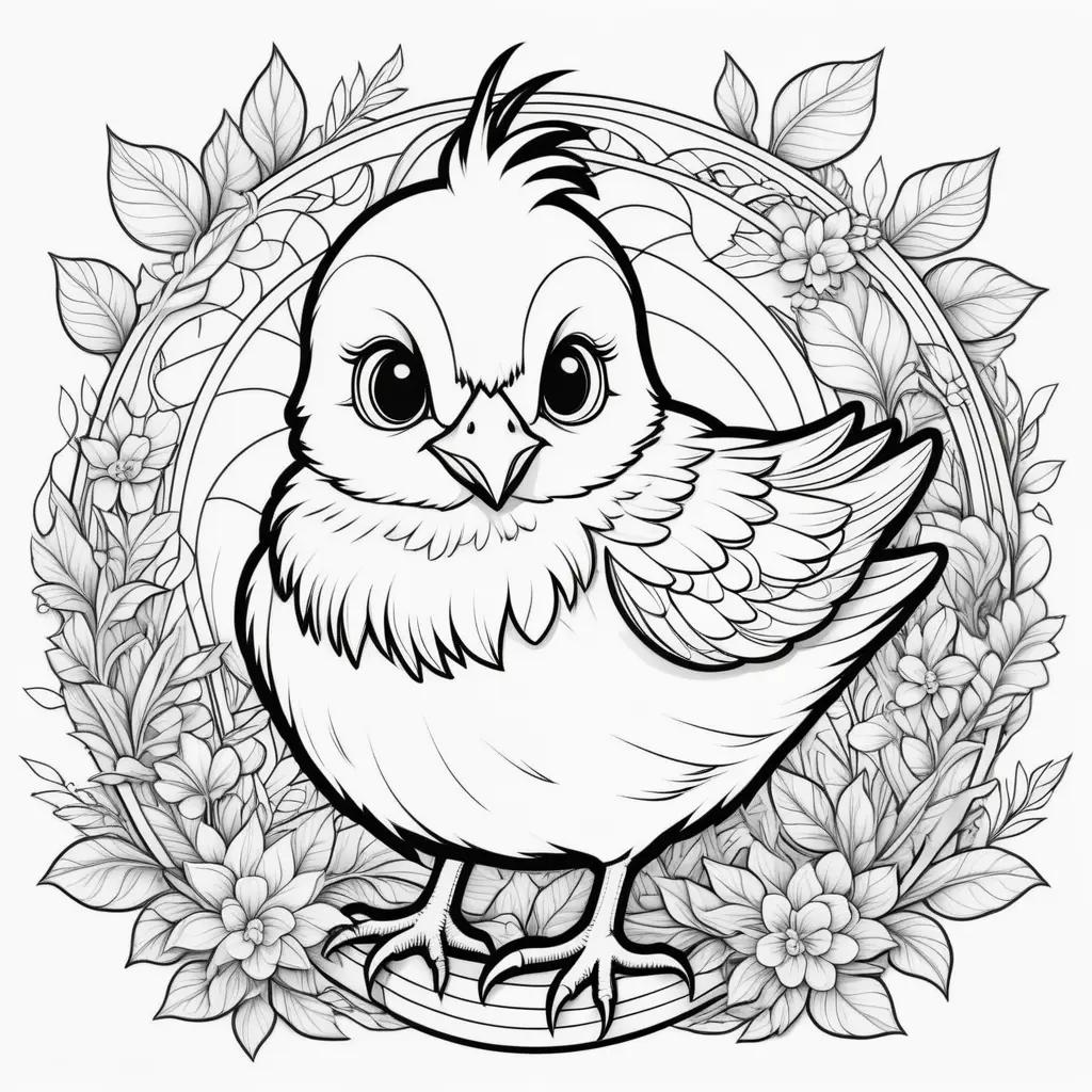 Chick coloring pages with flowers and leaves