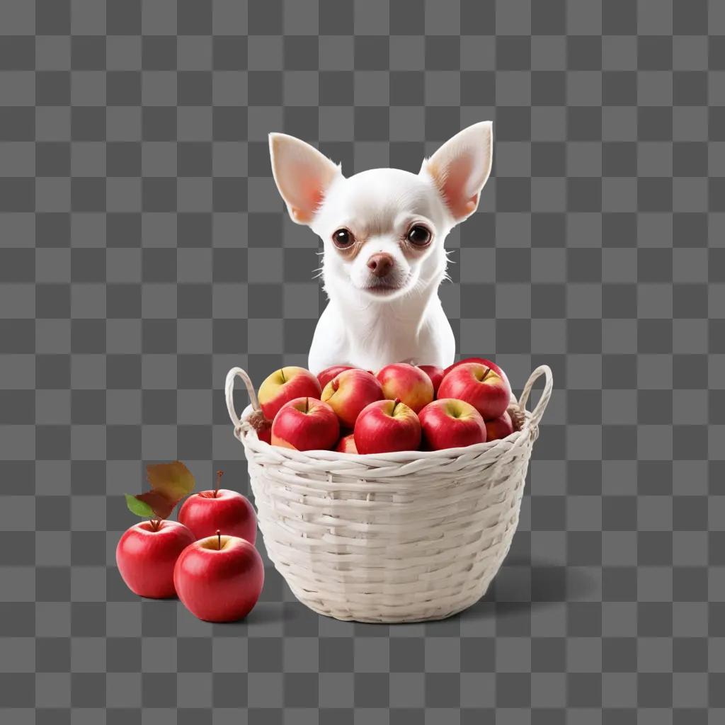 Chihuahua sits in a basket with apples