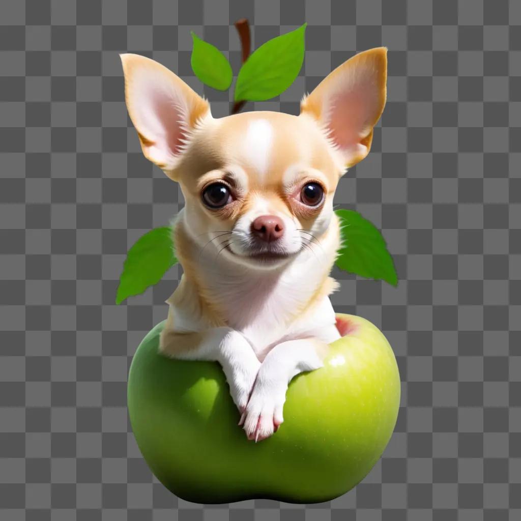 Chihuahua with apple head sits on green apple