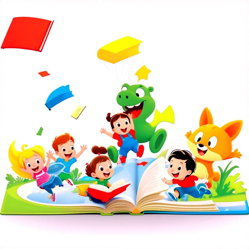 Children and cartoon books enjoying an open book