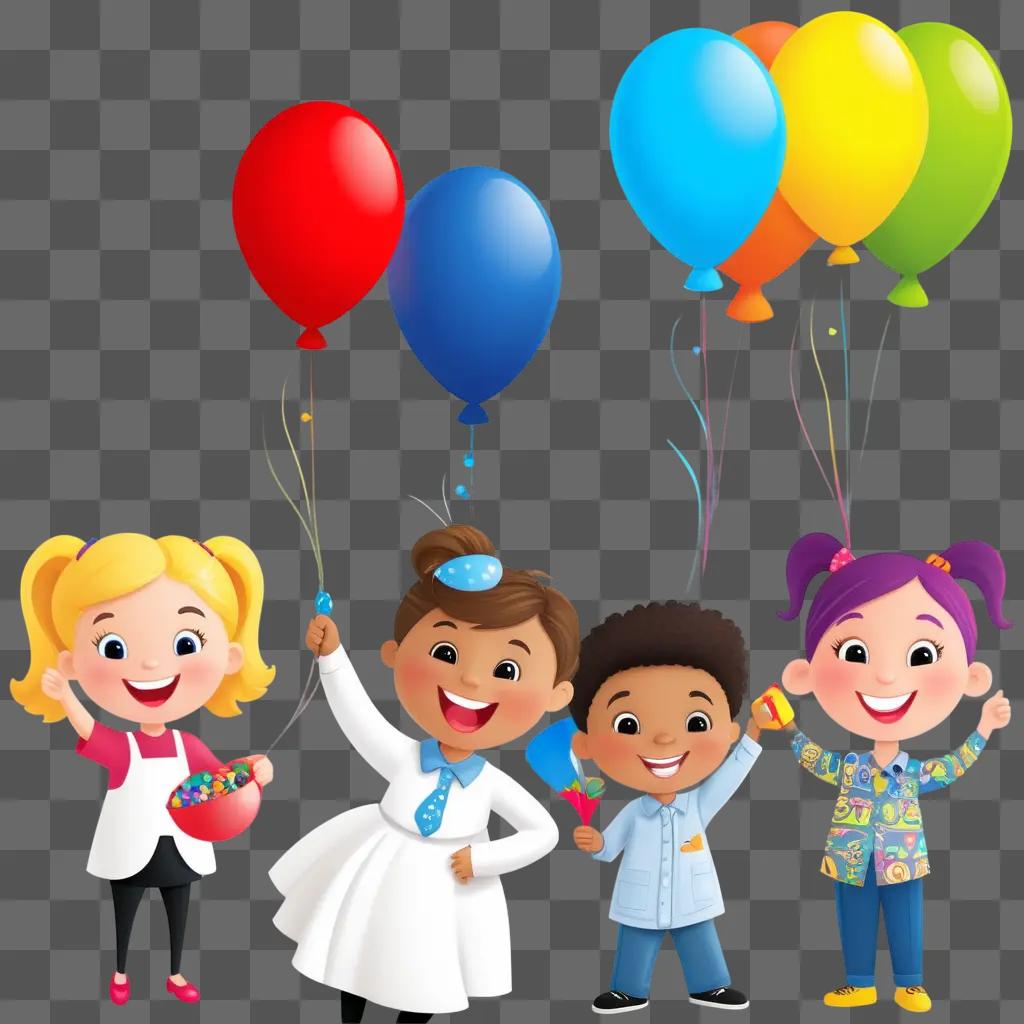 Children celebrate with colorful balloons and test clipart