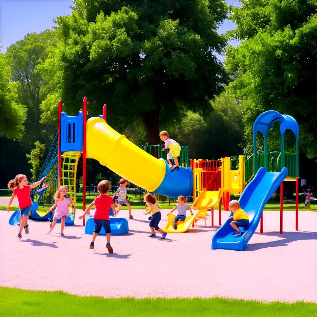 Children play on a colorful playground