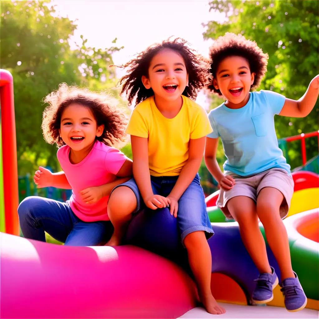 Children play on colorful playground equipment