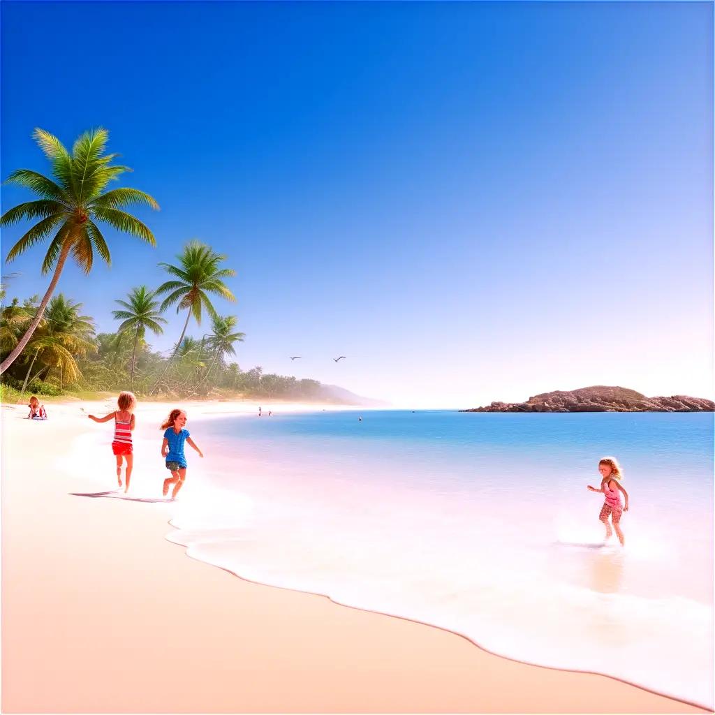 Children playing on a beach under a blue sky