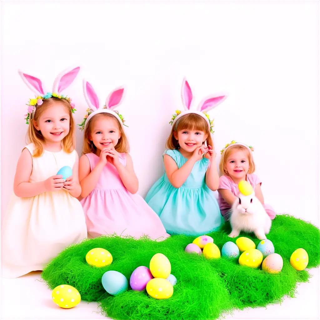 Children posing for Easter pictures with bunnies and eggs