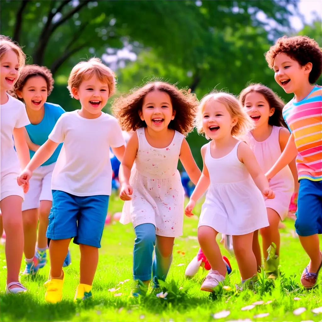 Children running through a field of flowers