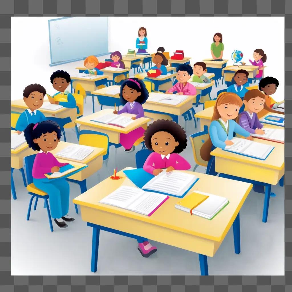 Children studying in a classroom with clipart