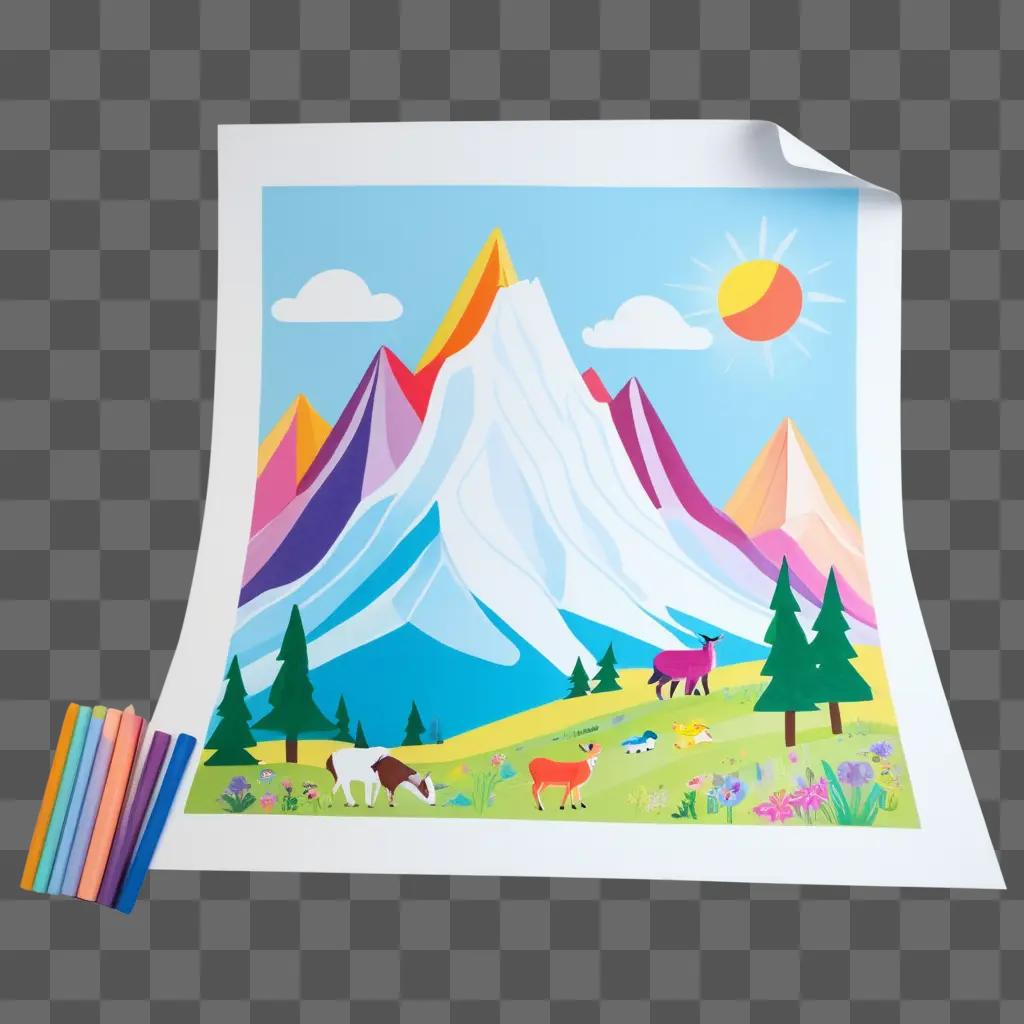 Childrens colorful drawing of a mountain with a rainbow